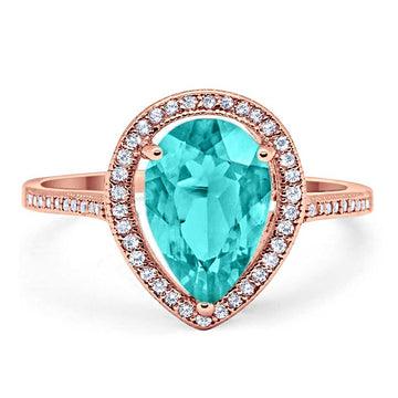 Halo Teardrop Pear Rose Tone, Simulated Paraiba Tourmaline CZ Ring 925 Sterling Silver